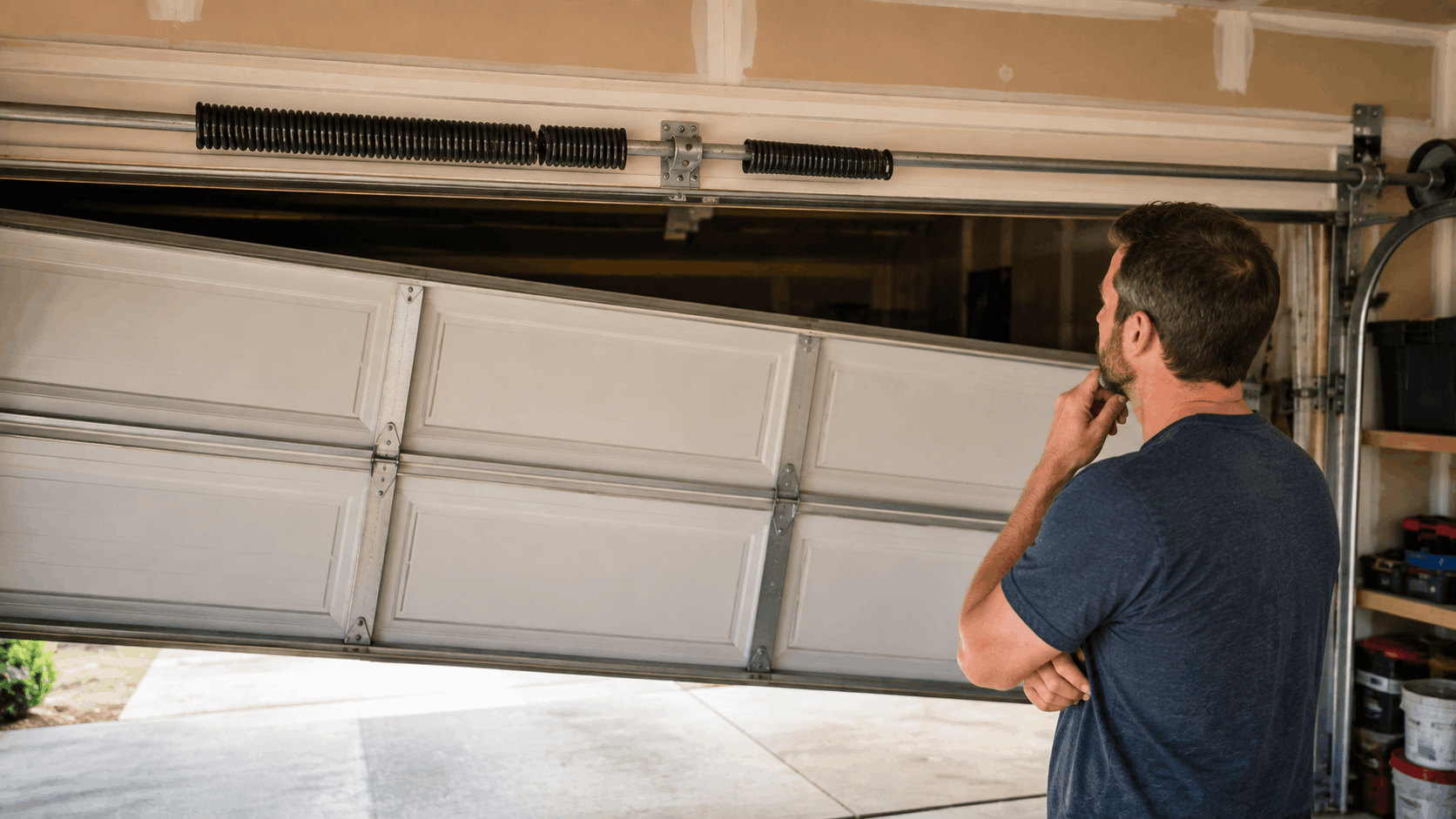 Man inspecting damaged malfunctioning garage door with torsion springs in Irvine home
