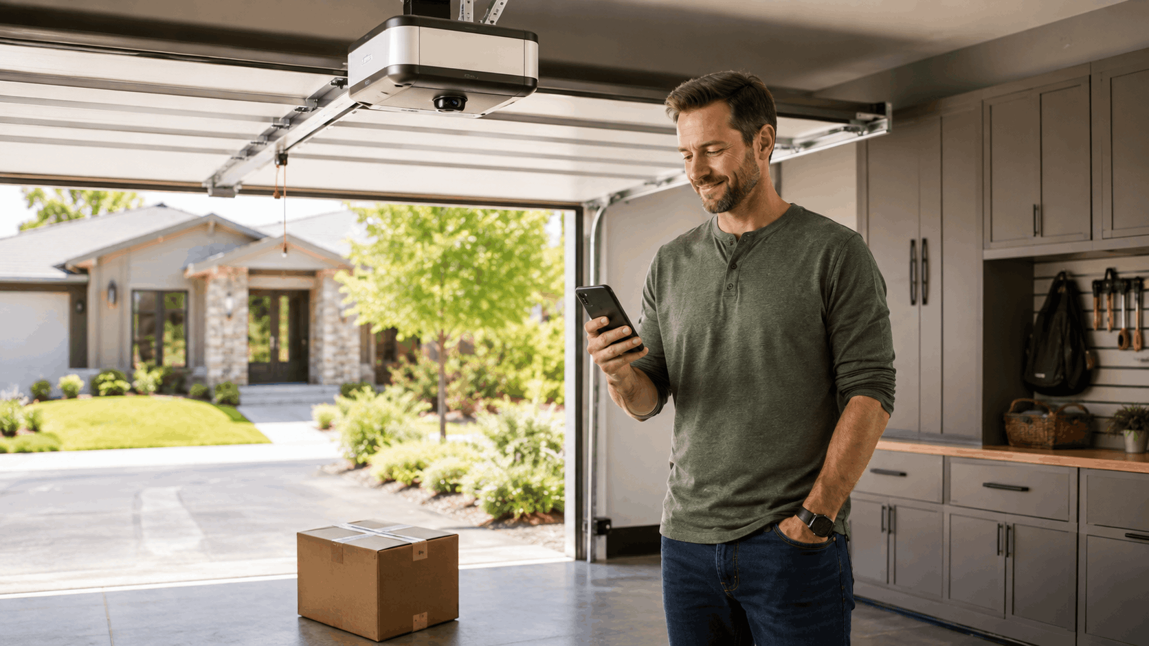Man using smartphone app to control camera-equipped garage door opener in Irvine home