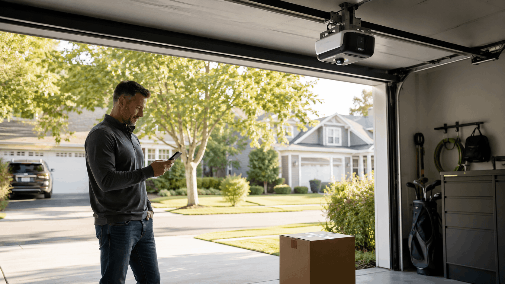 Man using smartphone near garage door opener with built-in camera and delivered package