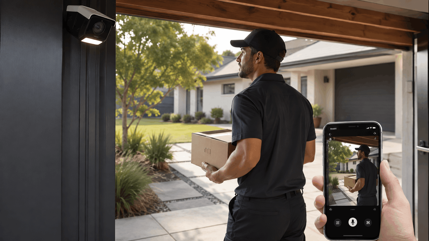Smart garage camera system monitoring delivery person with package on smartphone app