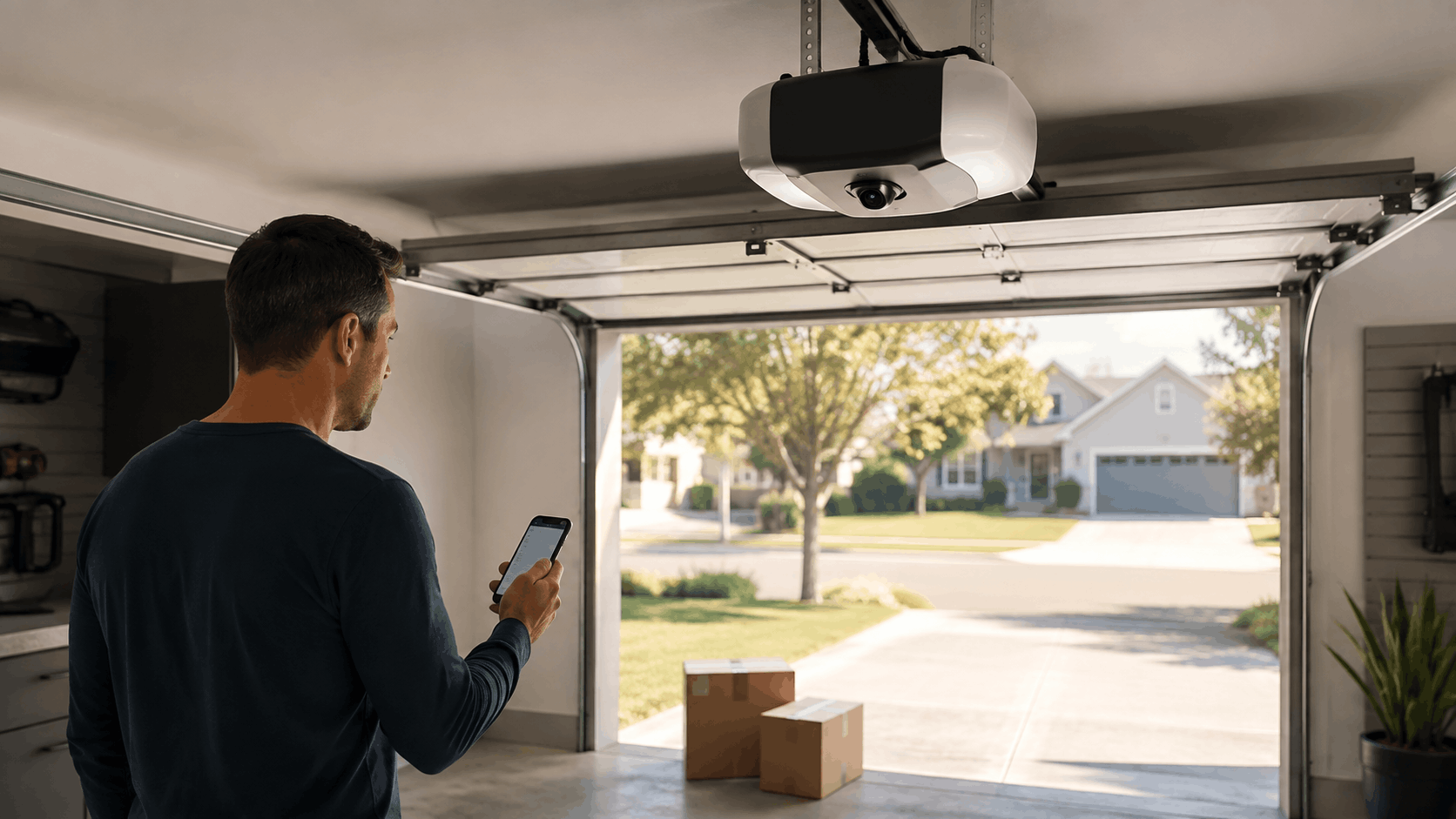 Man using smartphone app to control smart garage door opener with camera in Irvine home