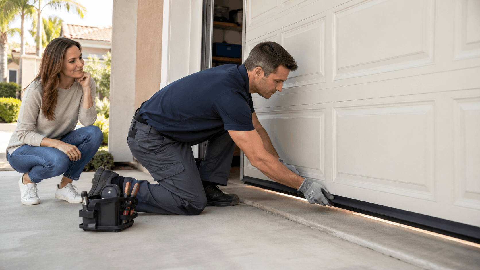Technician installing black garage door weatherseal bottom strip in Irvine home