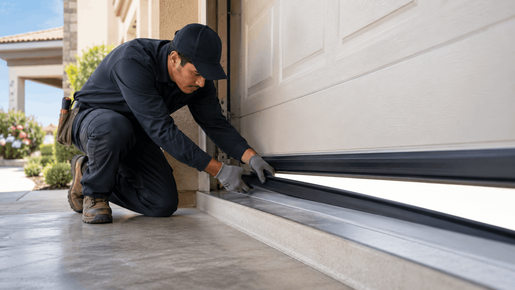 Garage door technician installing retrofit bottom seal weatherstripping in Irvine driveway