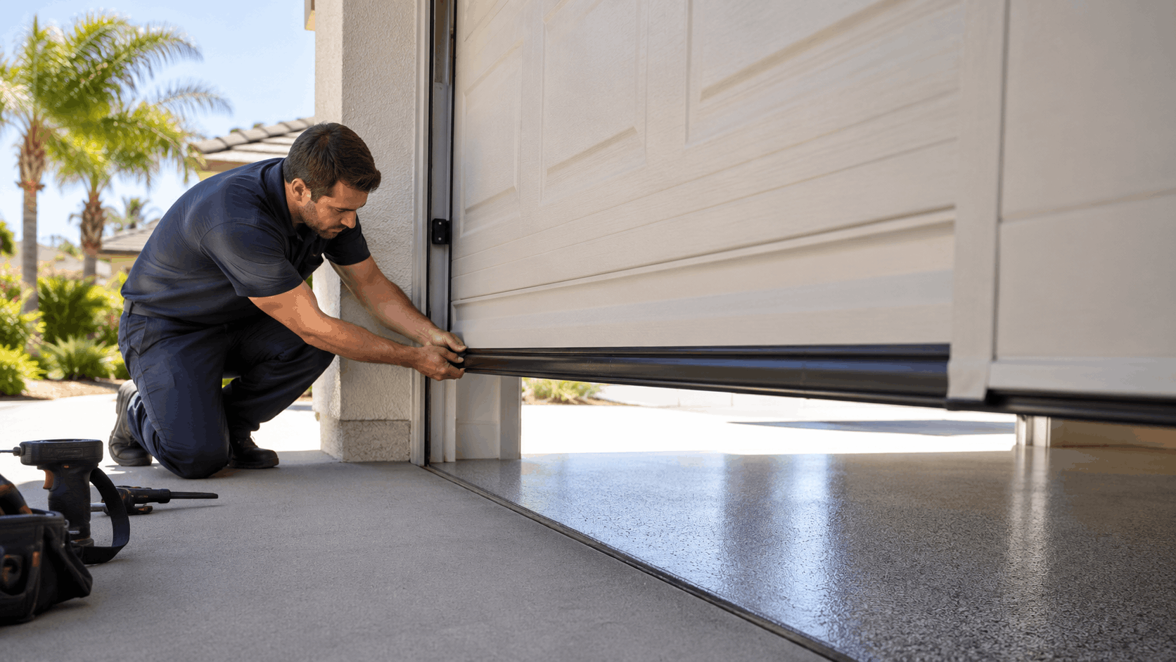 Technician installing garage door bottom weather seal on Irvine residential home driveway