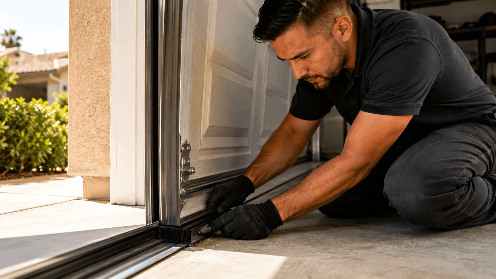 Technician repairing garage door bottom seal on Irvine residential home