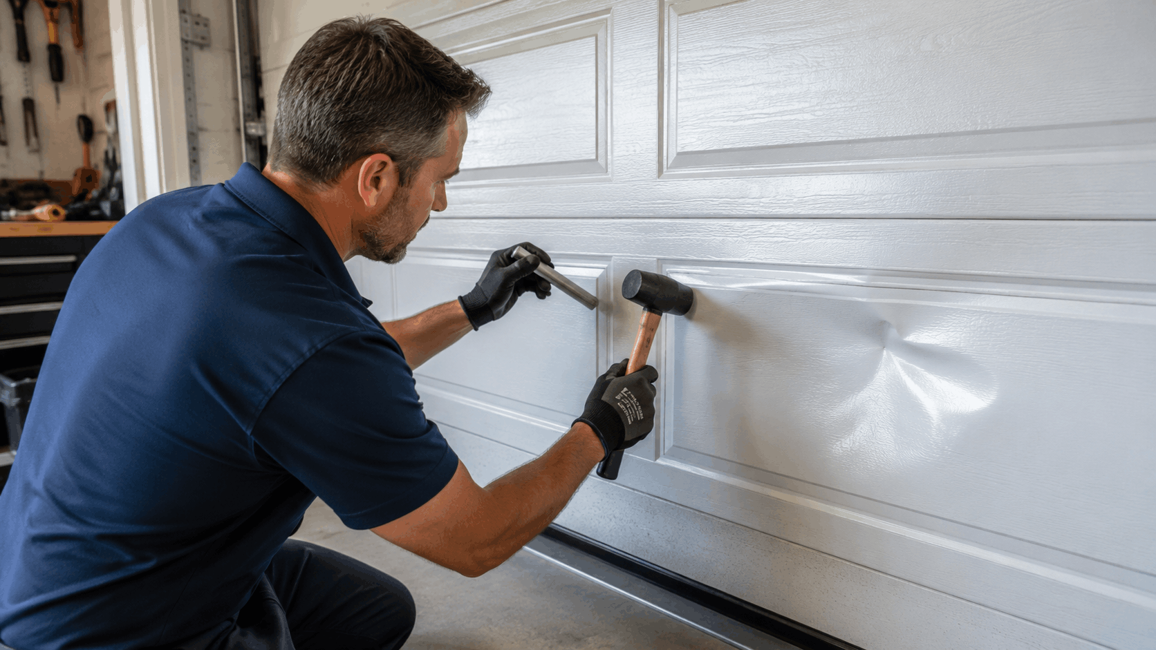 Technician using hammer and punch tool to repair dented white garage door panel