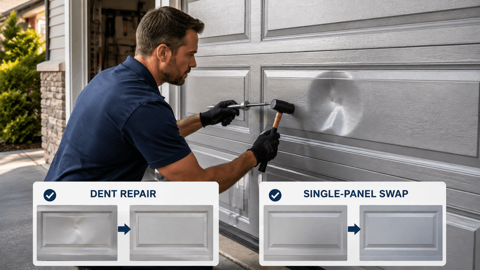 Technician repairing dented garage door panel using hammer and tool in Irvine