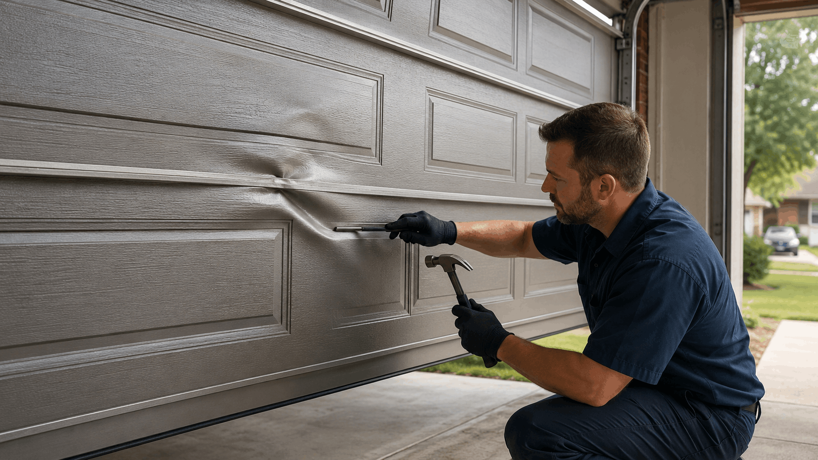 Technician repairing dented garage door panel with hammer and pry bar