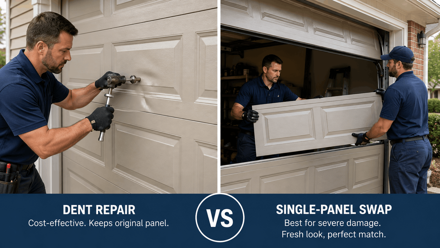 Garage door technicians performing dent repair versus single-panel swap in Irvine home