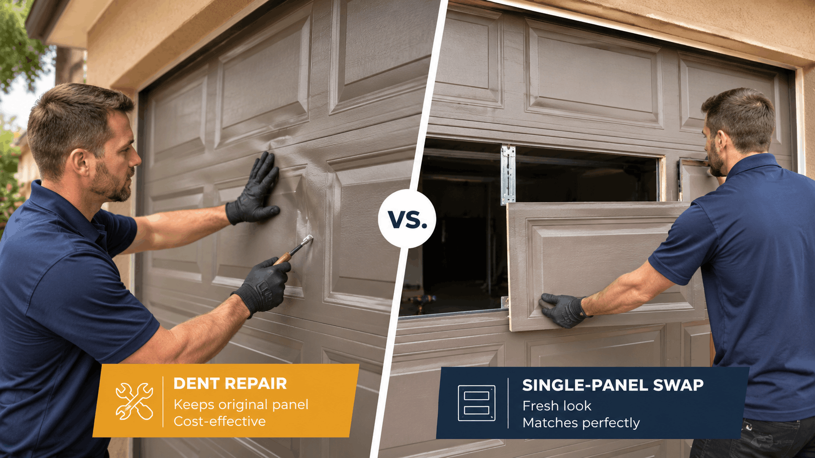 Garage door dent repair versus single-panel swap comparison showing technician in Irvine