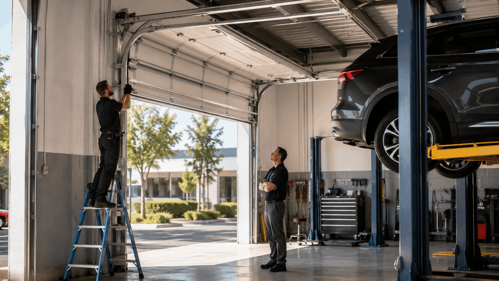 Technician repairing garage door track on ladder beside elevated vehicle lift in Irvine auto shop