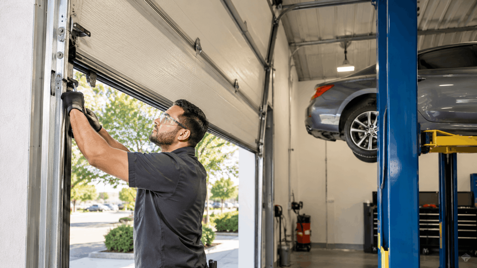 Mechanic inspecting commercial garage door track in automotive service bay with lift