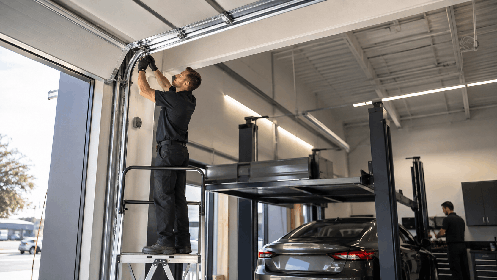 Garage door technician installing overhead door tracks on ladder in auto repair shop