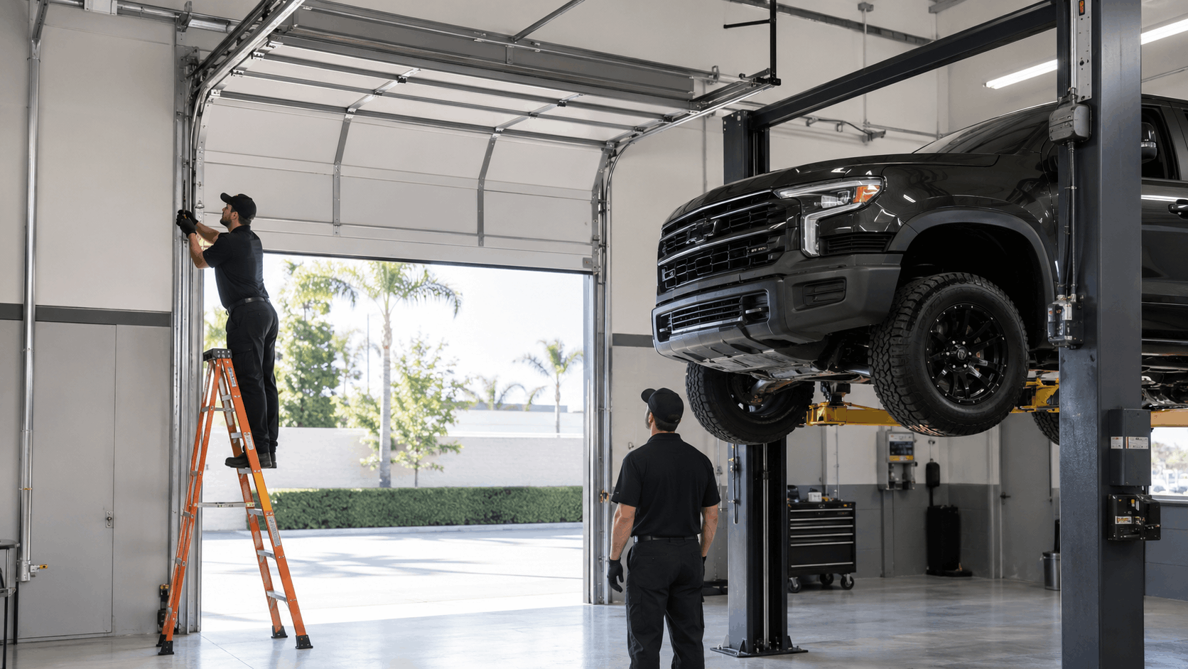 Two mechanics inspecting black truck on lift inside modern Irvine garage door service bay