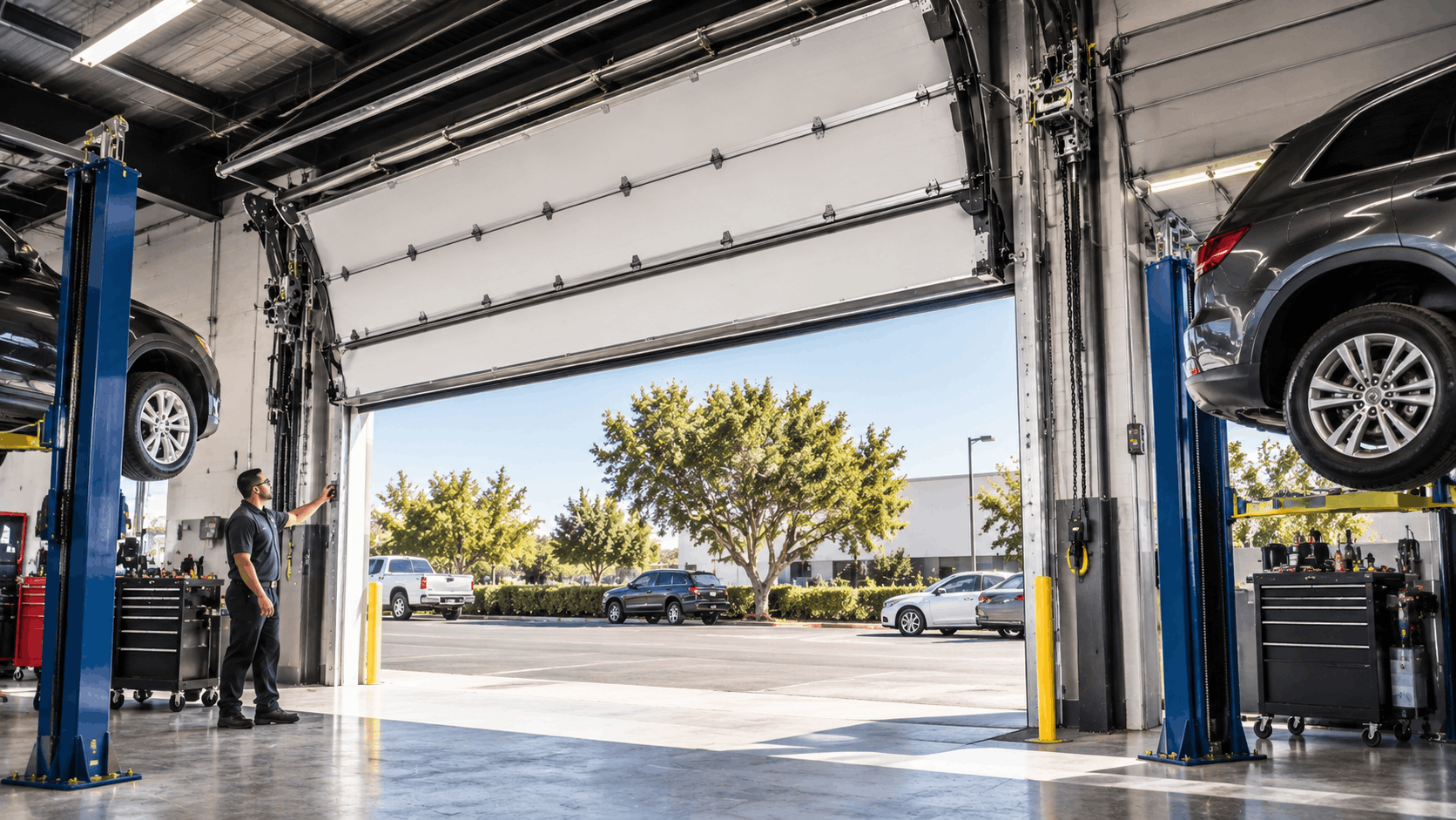 Professional mechanic standing beside blue car lift inside modern Irvine auto garage