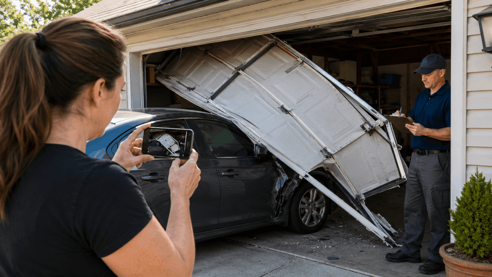 Woman photographing car crushed under collapsed garage door off track in Irvine