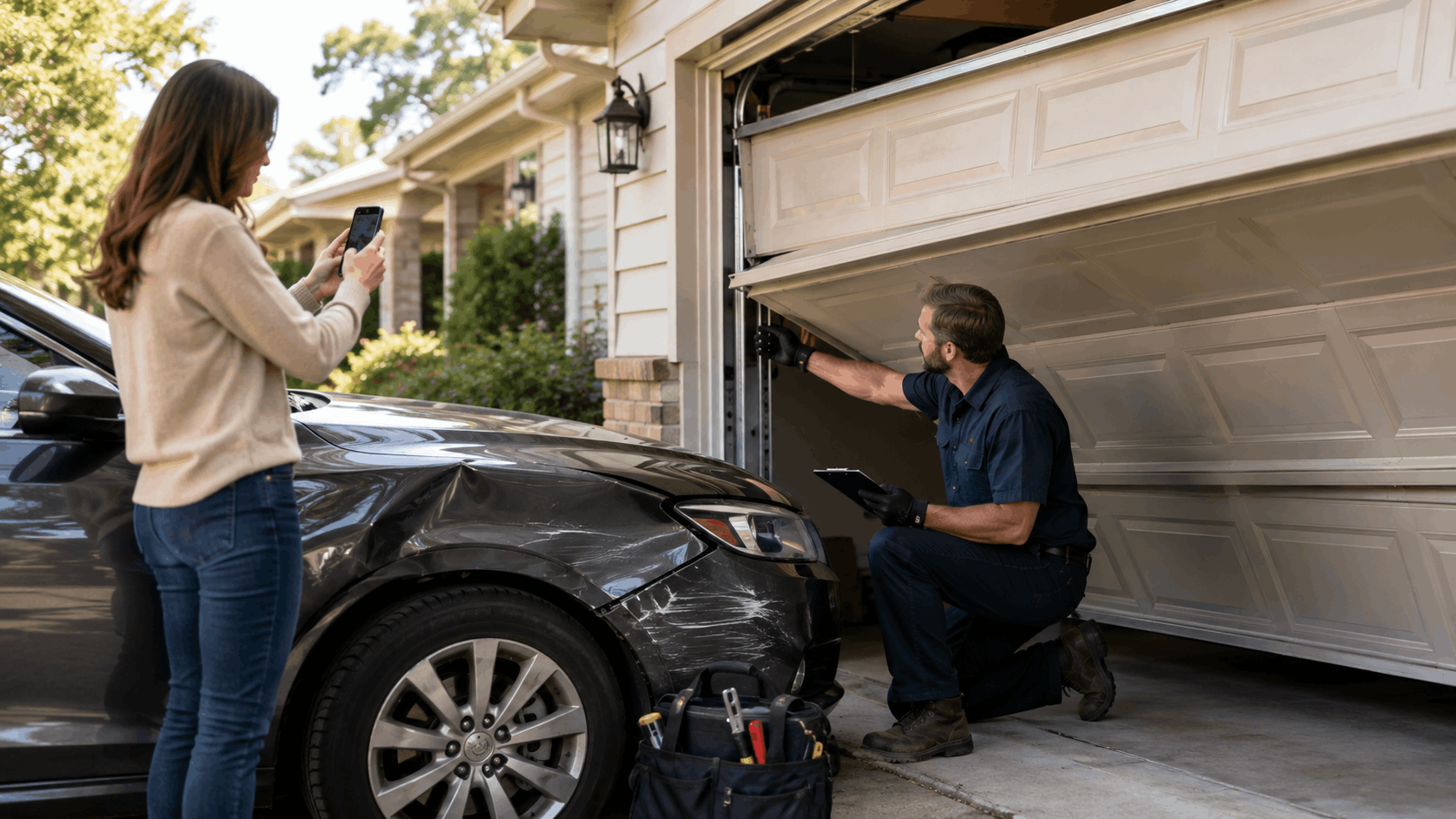 Homeowner photographing damaged car and garage door for insurance claim documentation