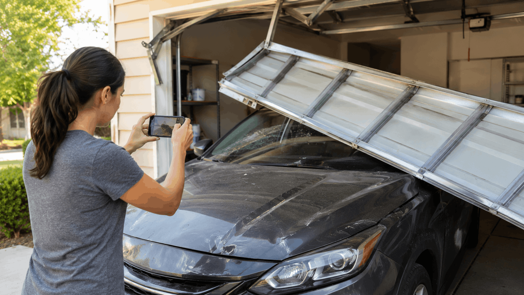 Woman photographing garage door fallen onto car hood for insurance damage claim