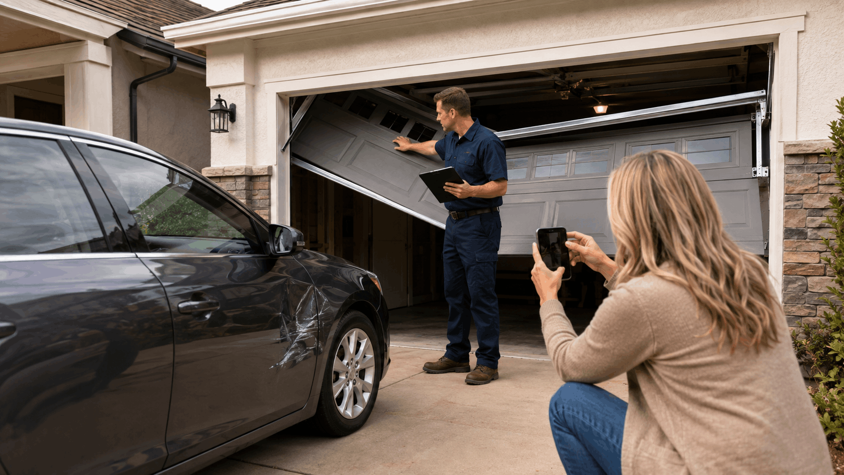 Insurance adjuster inspecting damaged off-track garage door after car collision in Irvine driveway
