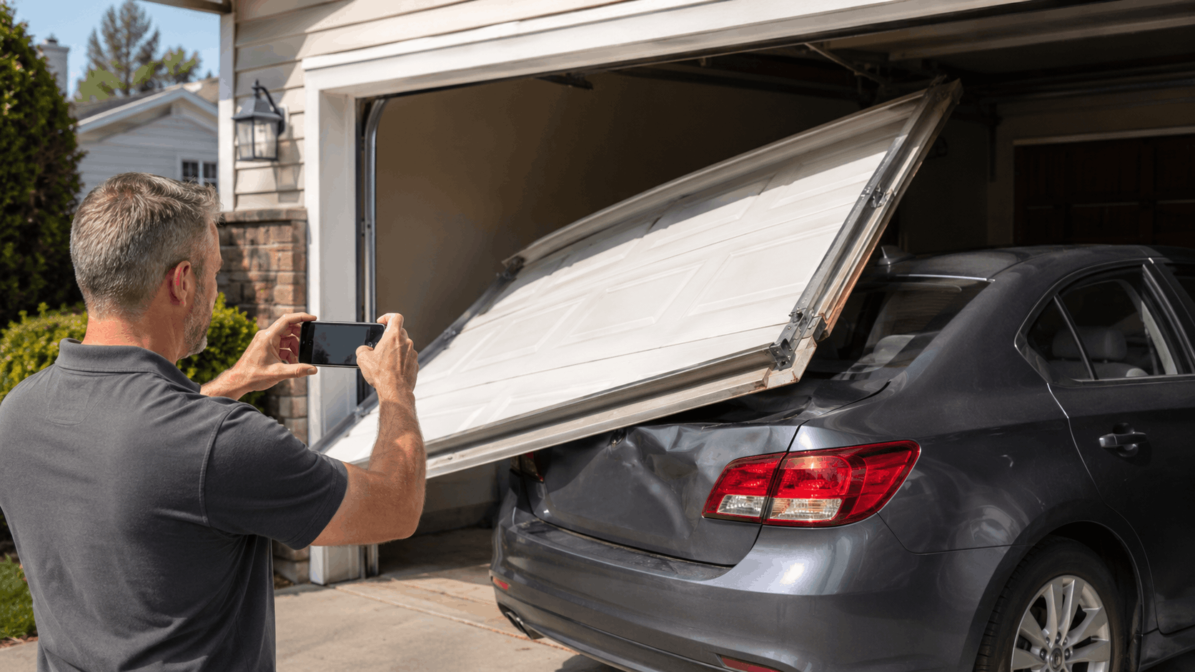 Man photographing garage door damage after car collision in Irvine driveway