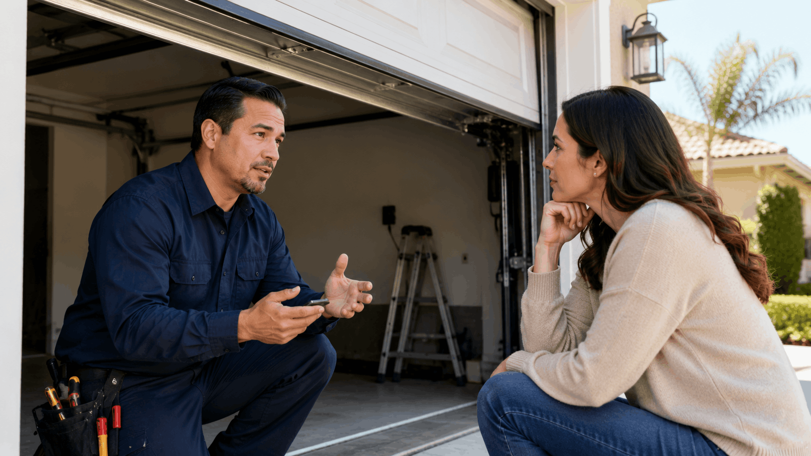 Garage door technician explaining emergency repair issue to Irvine homeowner outside open garage