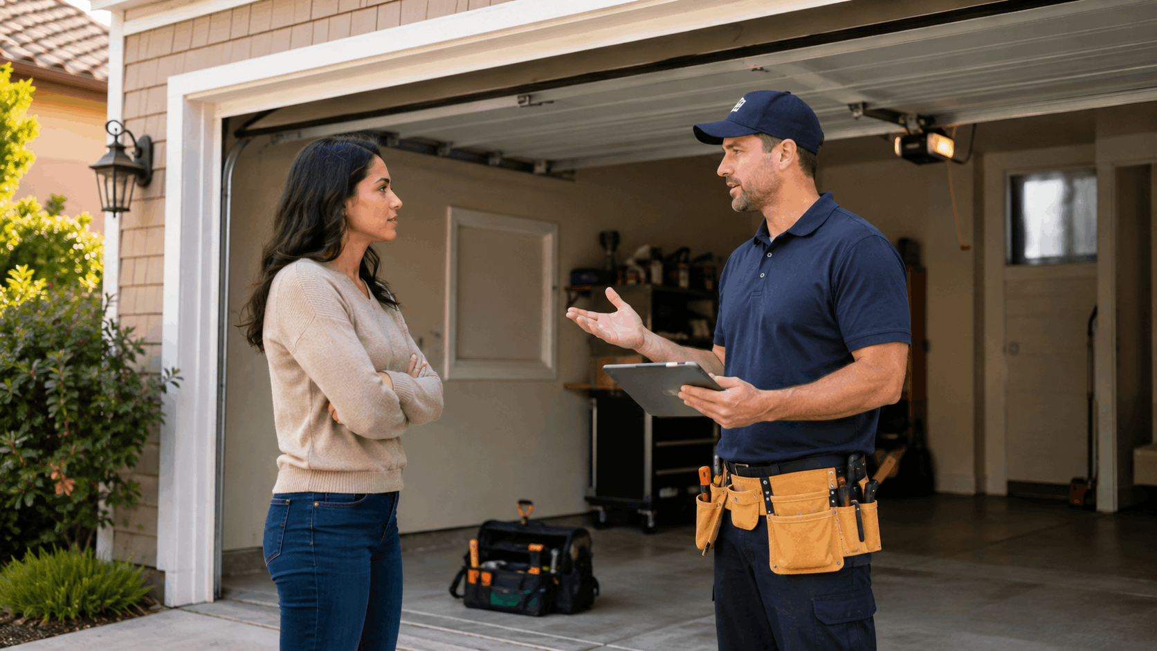 Garage door technician explaining repair issues to homeowner outside open garage in Irvine