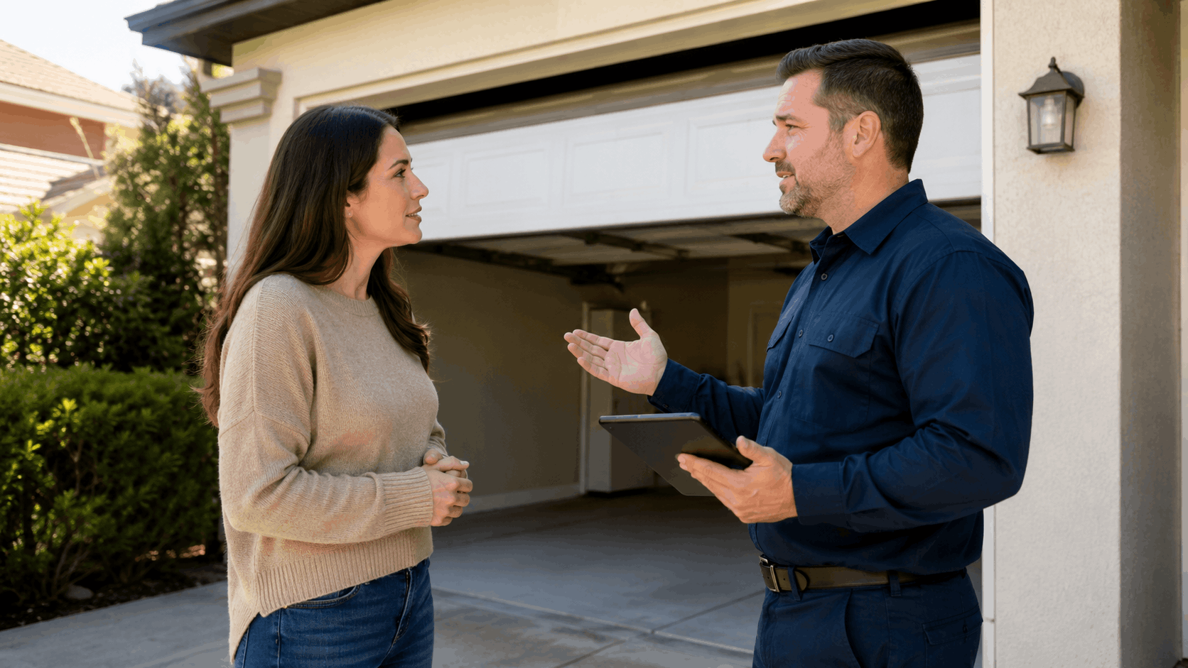 Landlord discussing urgent garage door repair with technician holding tablet in Irvine driveway