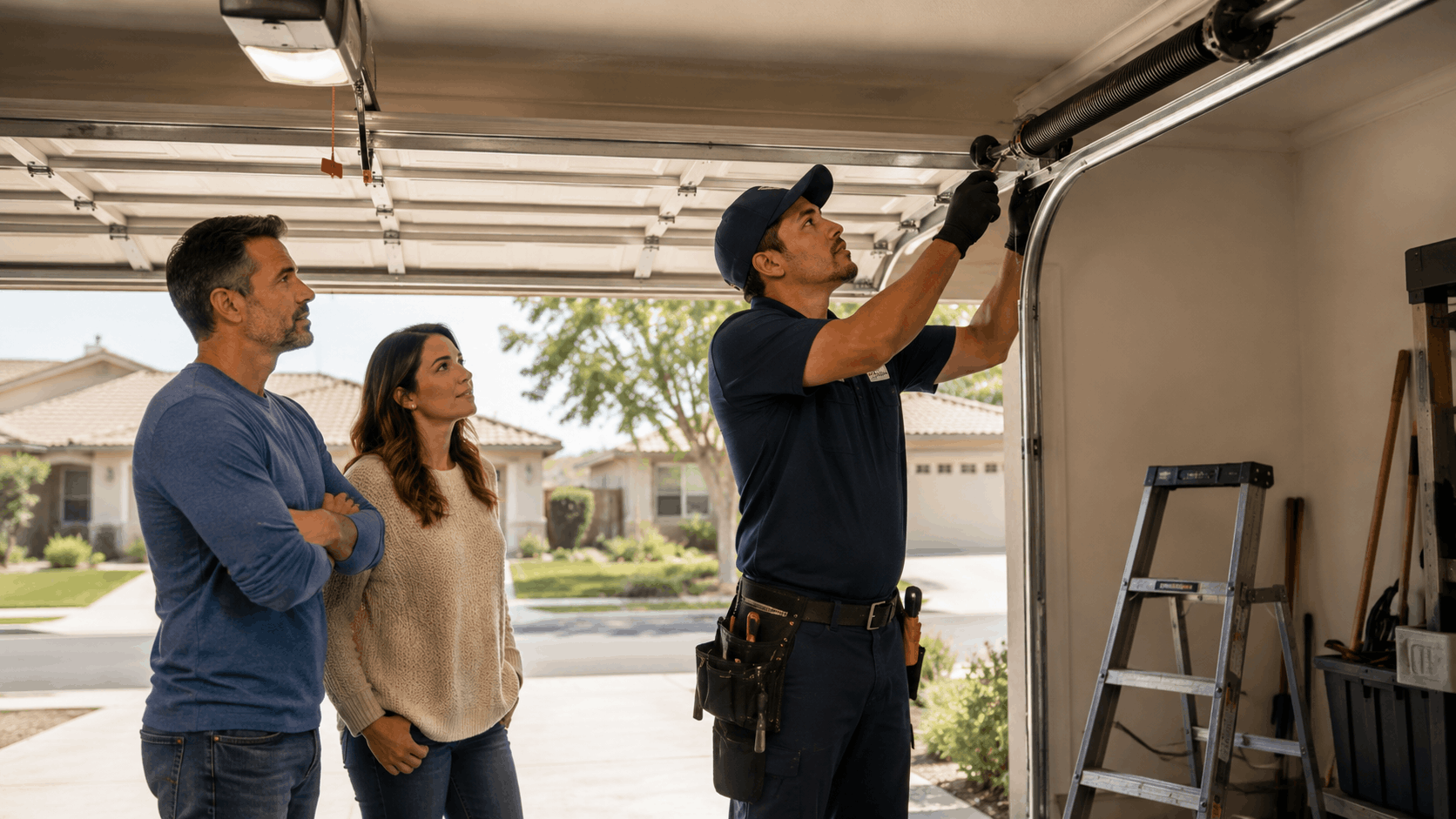 Garage door technician repairing torsion spring while Irvine homeowners watch nearby