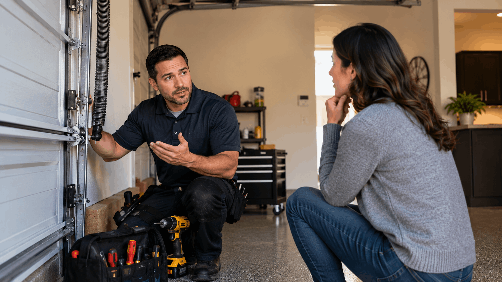 Garage door technician explaining urgent repairs to homeowner in Irvine garage
