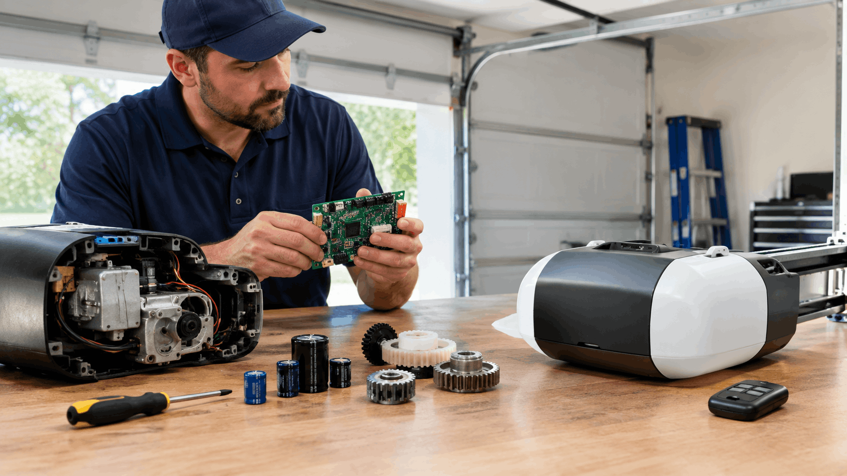 Technician inspecting garage door opener circuit board with gears and capacitors