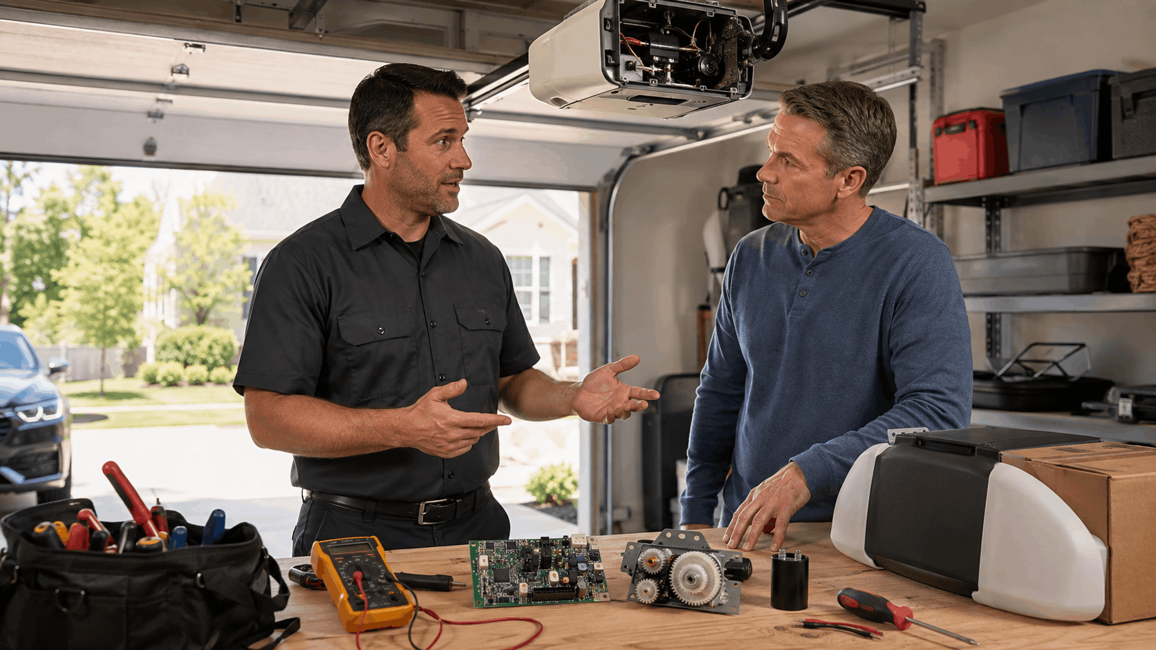 Garage door technician explaining gear kit repair parts to Irvine homeowner in garage