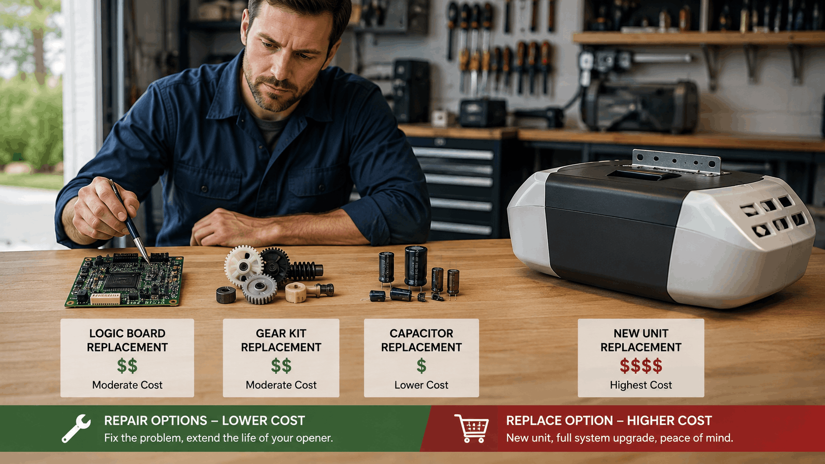 Technician comparing garage door opener repair costs versus new unit replacement options Irvine