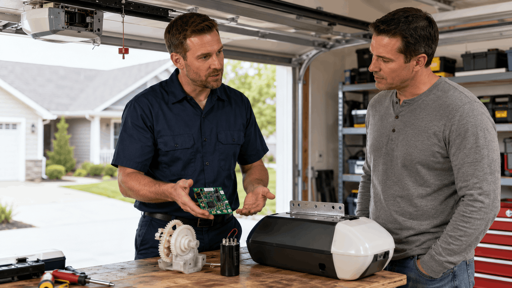 Garage door technician explaining circuit board components to Irvine homeowner in garage