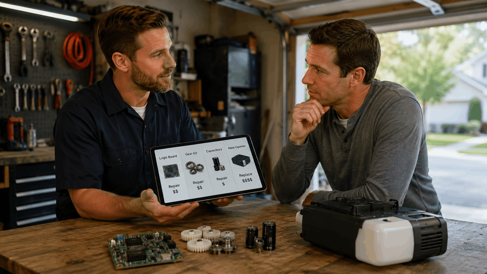 Garage door technician showing repair options on tablet to Irvine homeowner in workshop