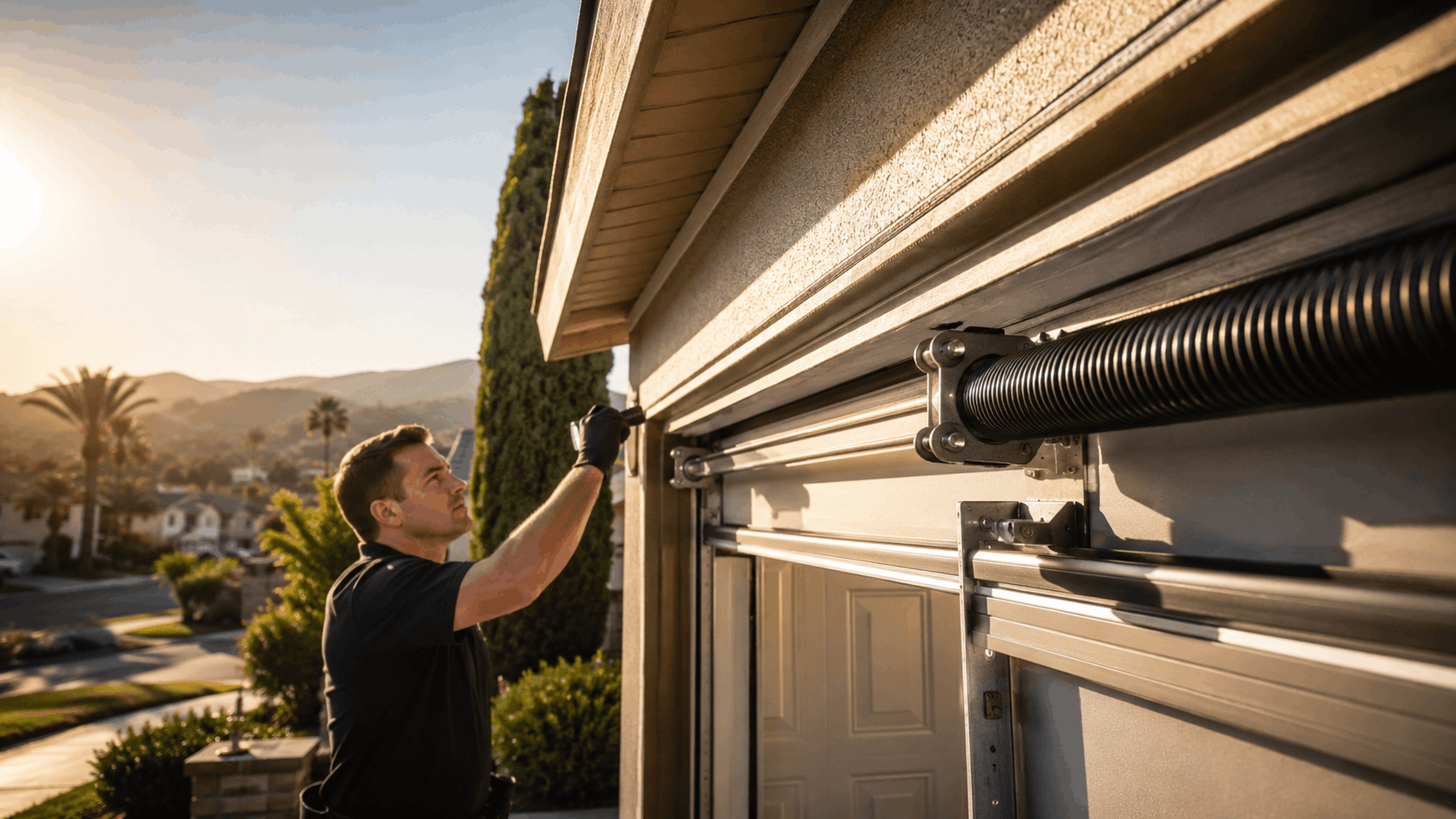 Garage door technician inspecting torsion spring system during sunny Orange County afternoon