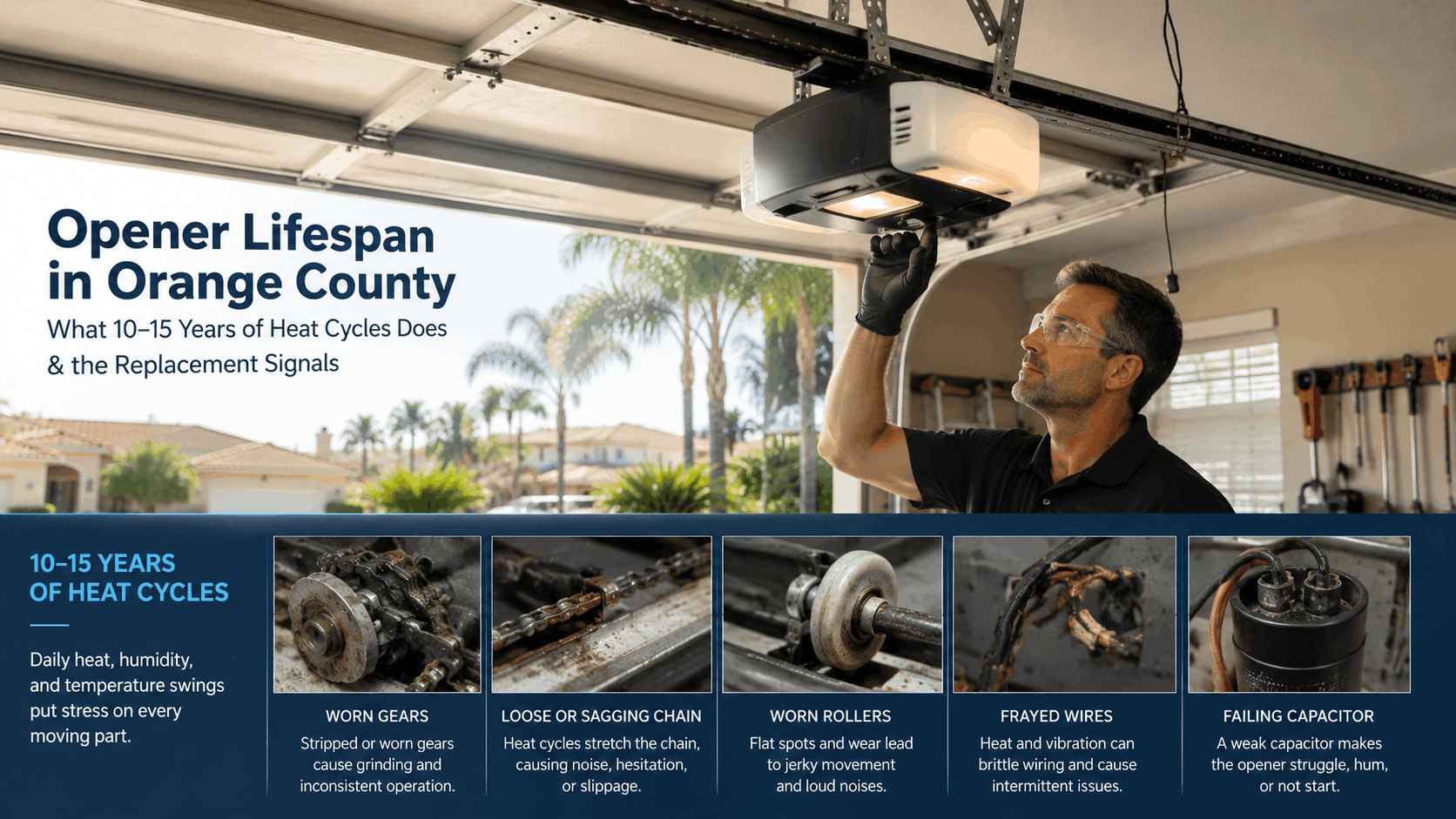 Garage door opener technician inspecting worn gears, chain, rollers, and failing capacitor