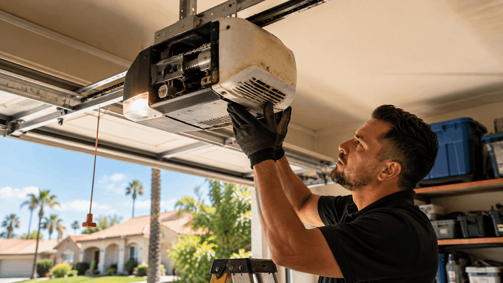Technician repairing garage door opener motor unit on ladder in hot sunny Irvine garage