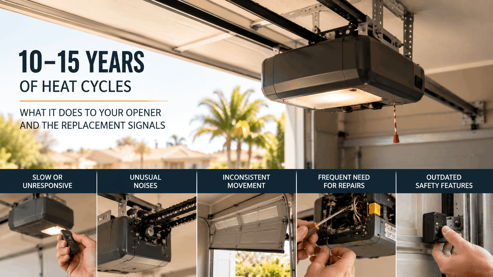 Garage door opener replacement signals infographic showing 5 warning signs after 10-15 years