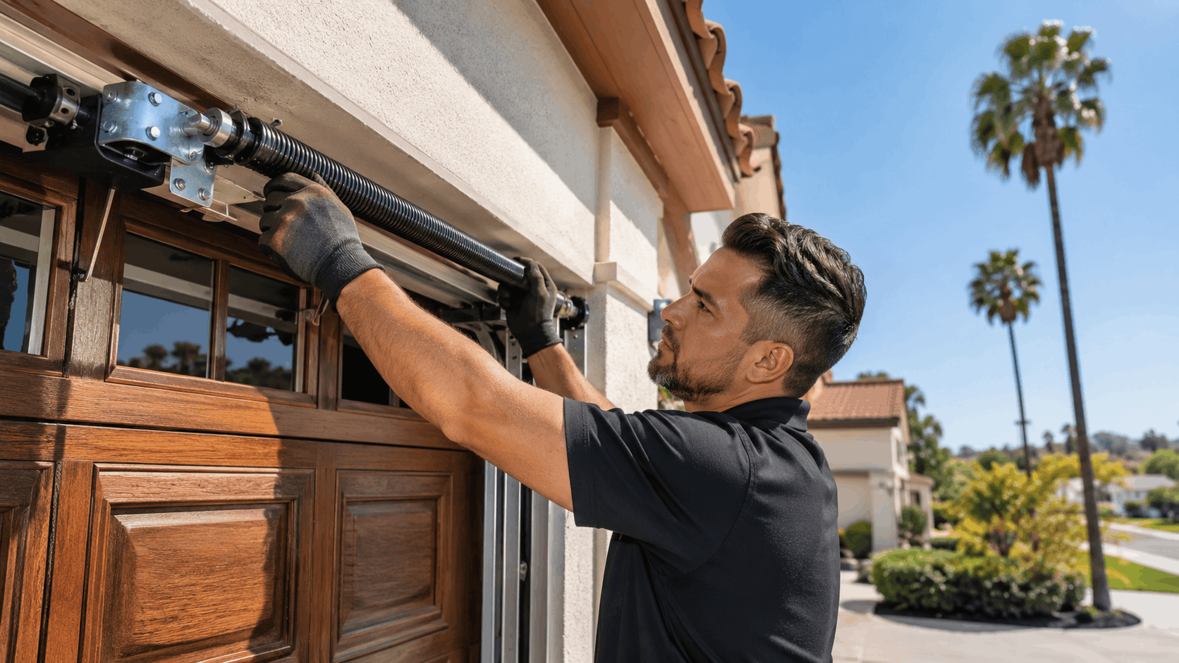Garage door technician repairing torsion spring on wooden garage door in Irvine