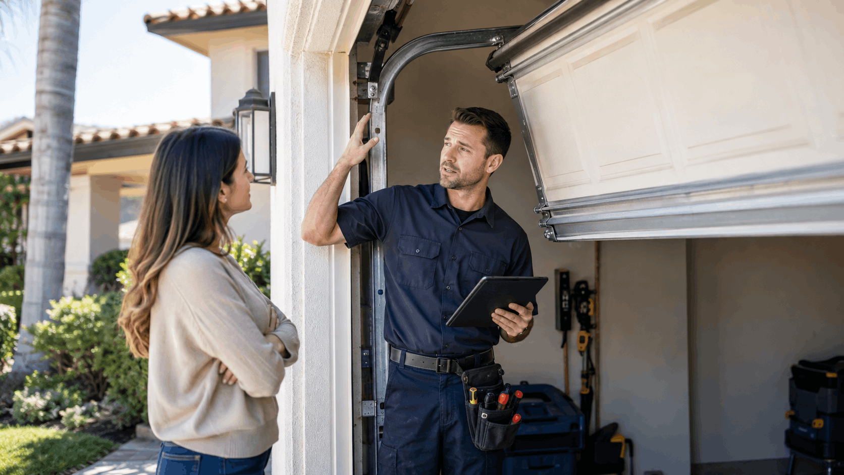 Garage door technician inspecting off track door while explaining issue to homeowner