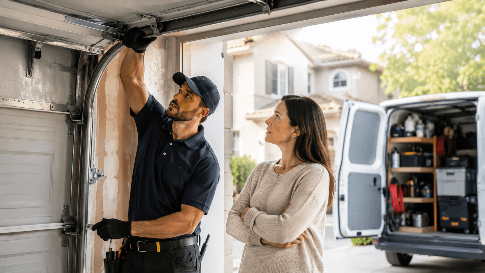 Garage door technician inspecting track while homeowner watches repair service