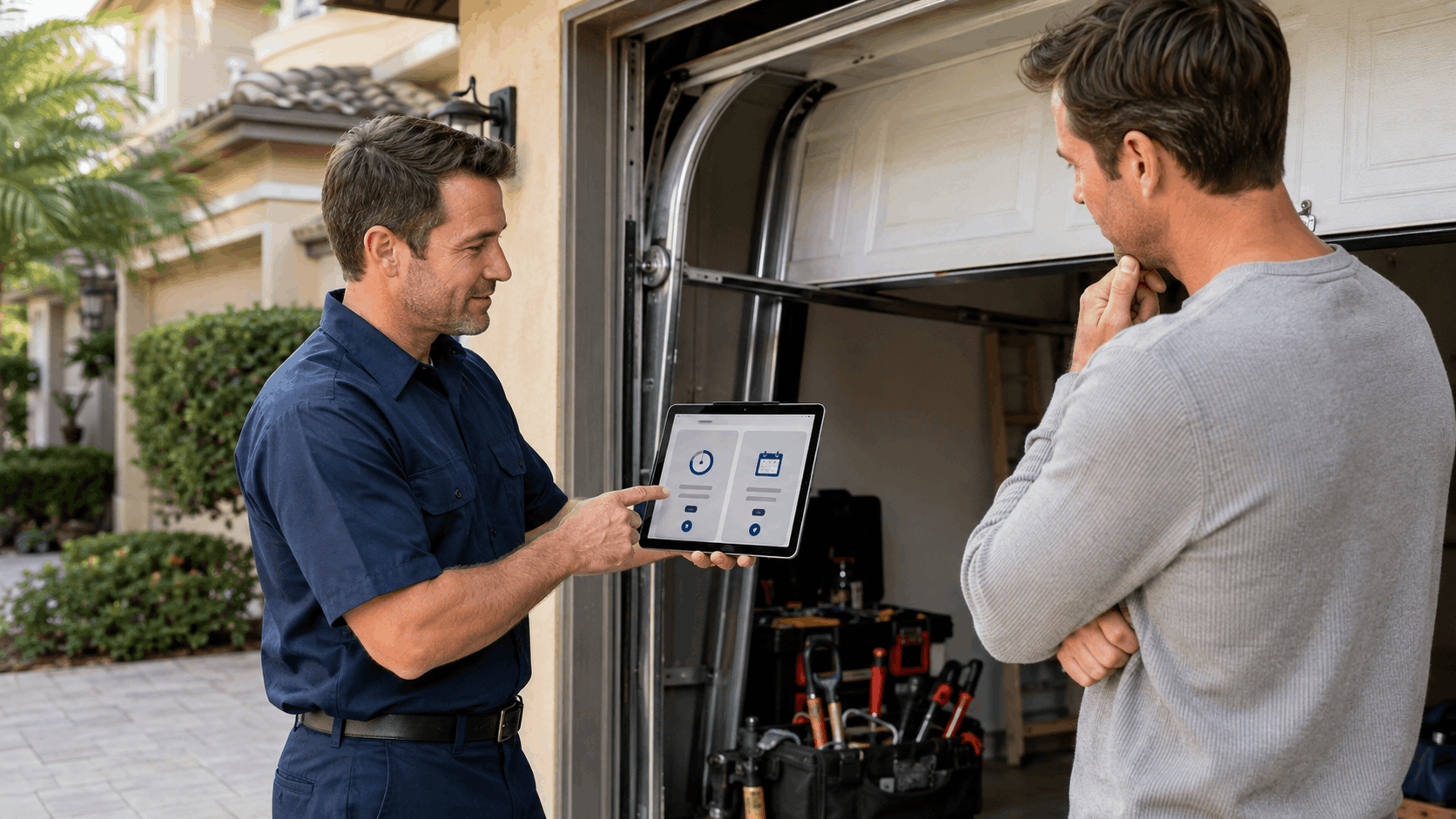 Garage door technician showing repair estimate on tablet to Irvine homeowner outside open garage