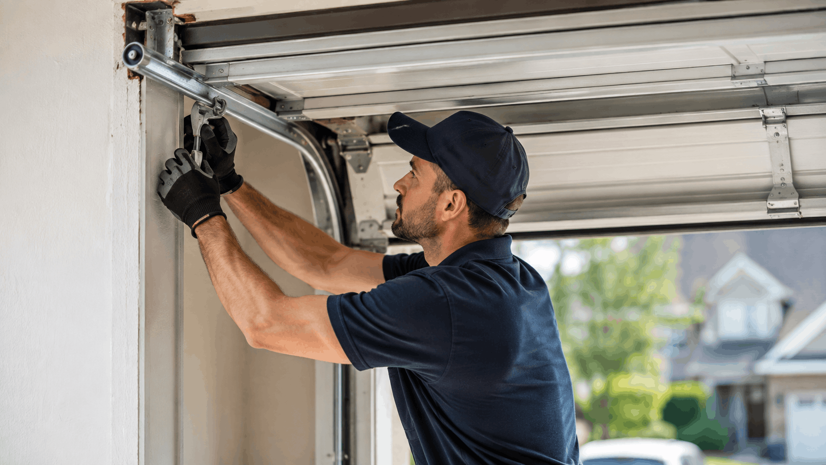 Garage door technician repairing off-track door rails with wrench in Irvine