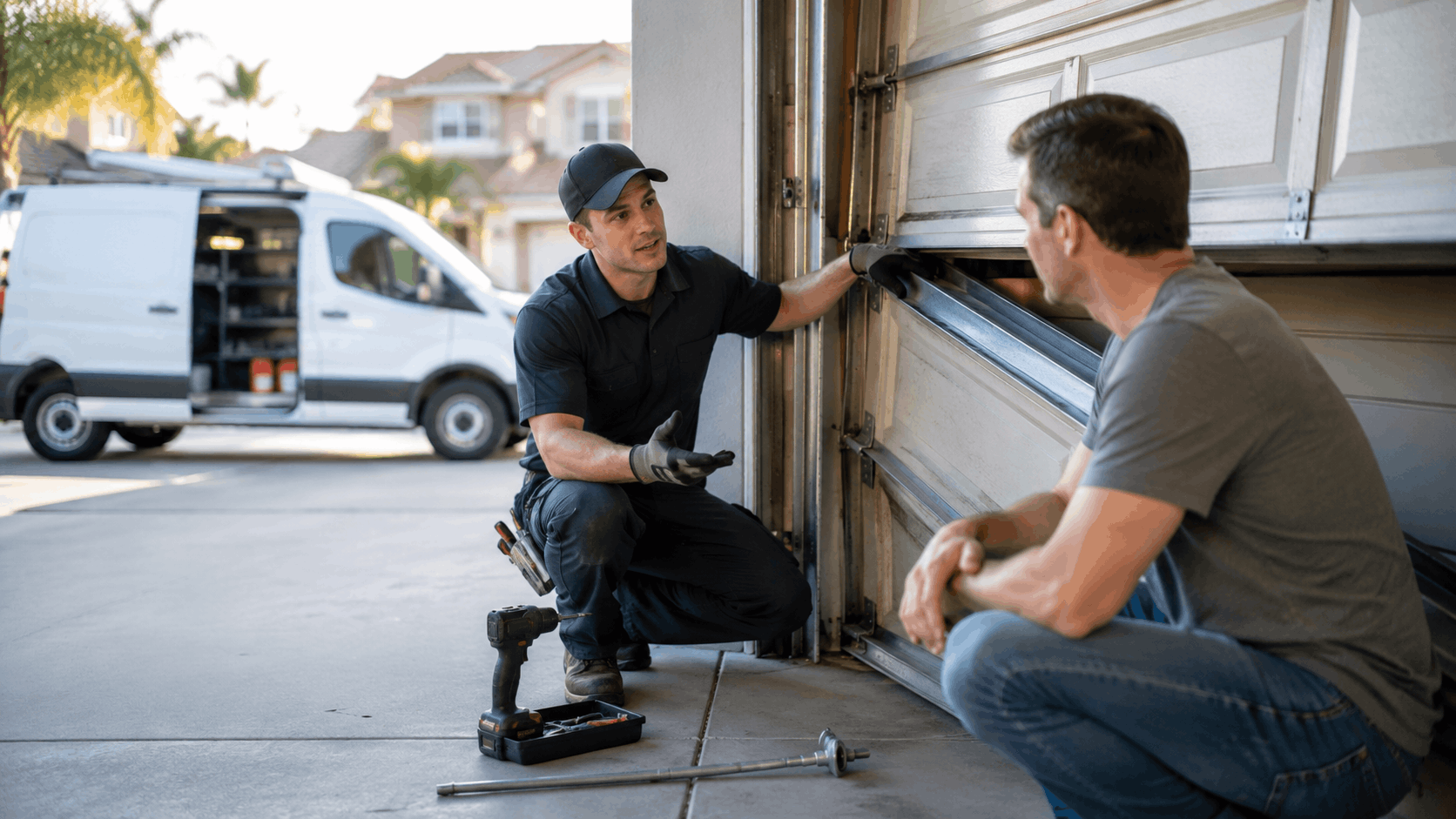 Garage door technician explaining repairs to Irvine homeowner beside partially open door