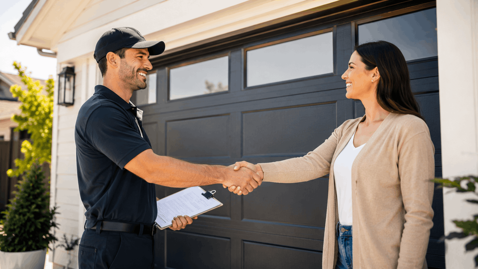 Garage door technician shaking hands with homeowner outside modern dark garage door