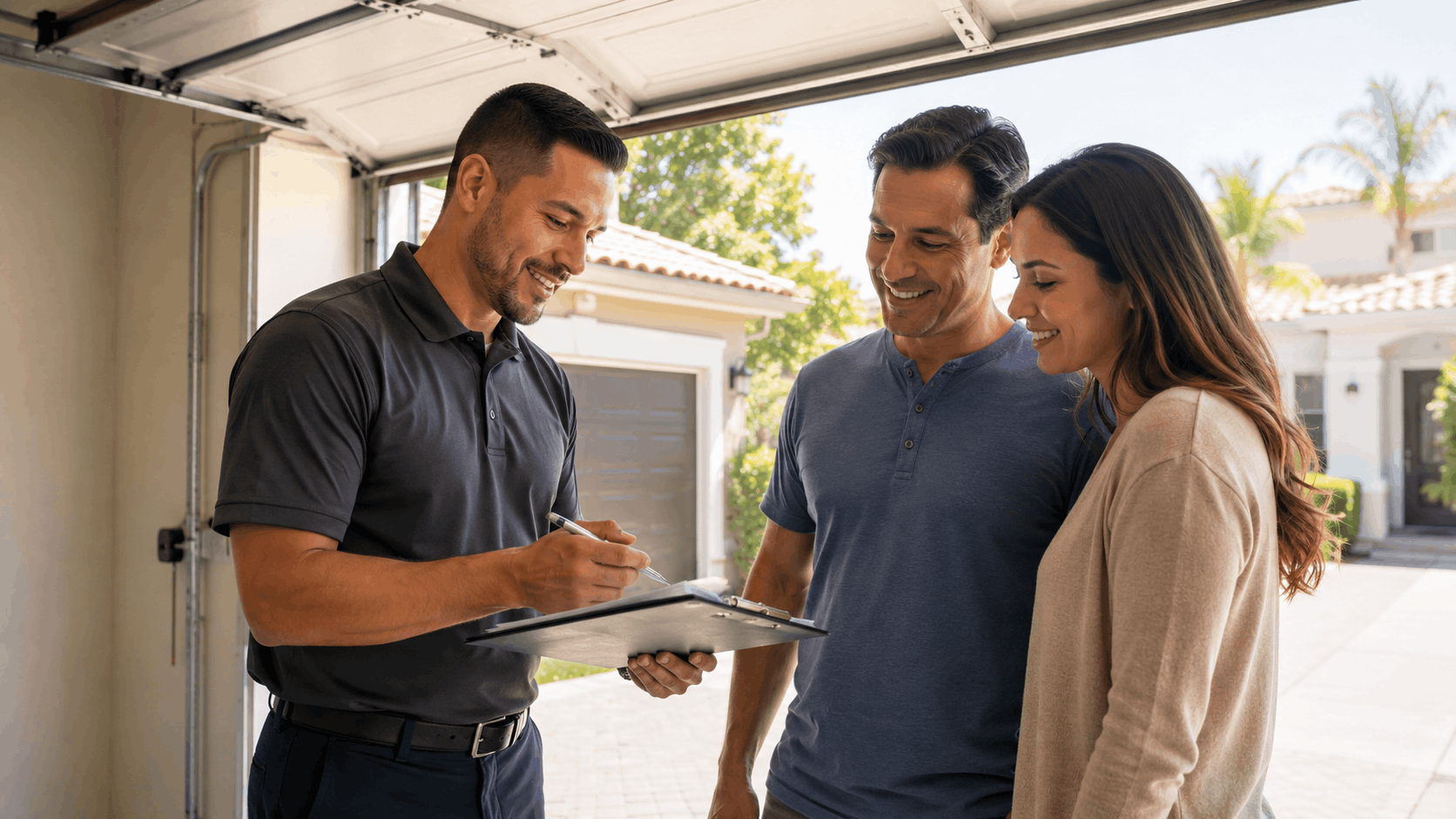 Garage door technician reviewing service clipboard with homeowners outside open garage