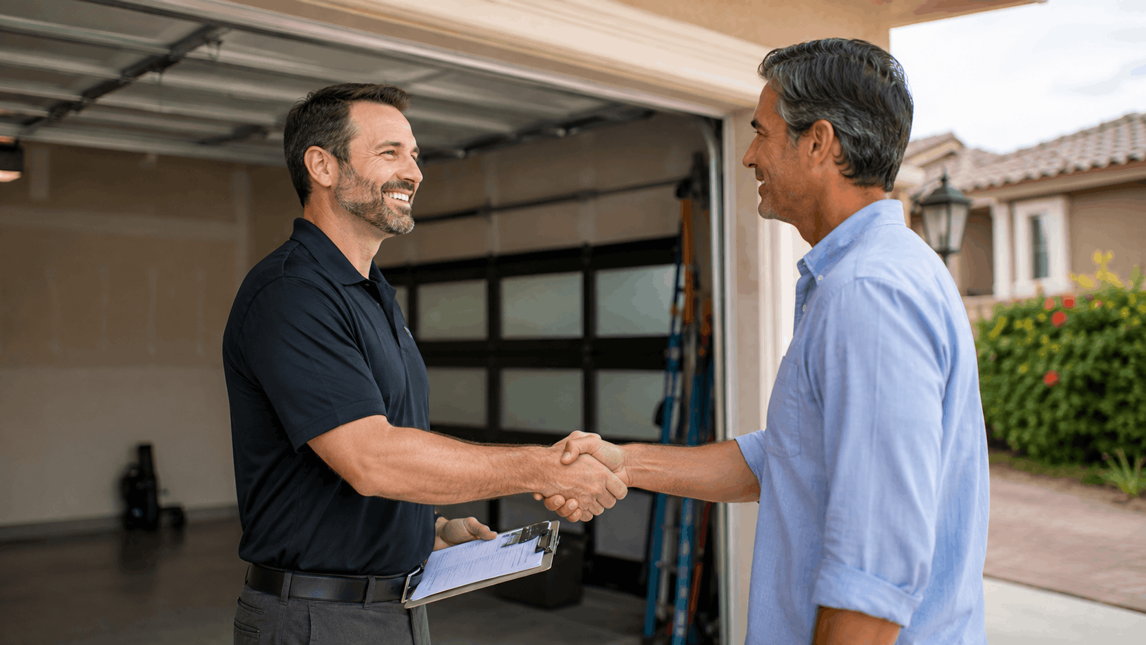 Garage door technician shaking hands with Irvine homeowner outside open garage