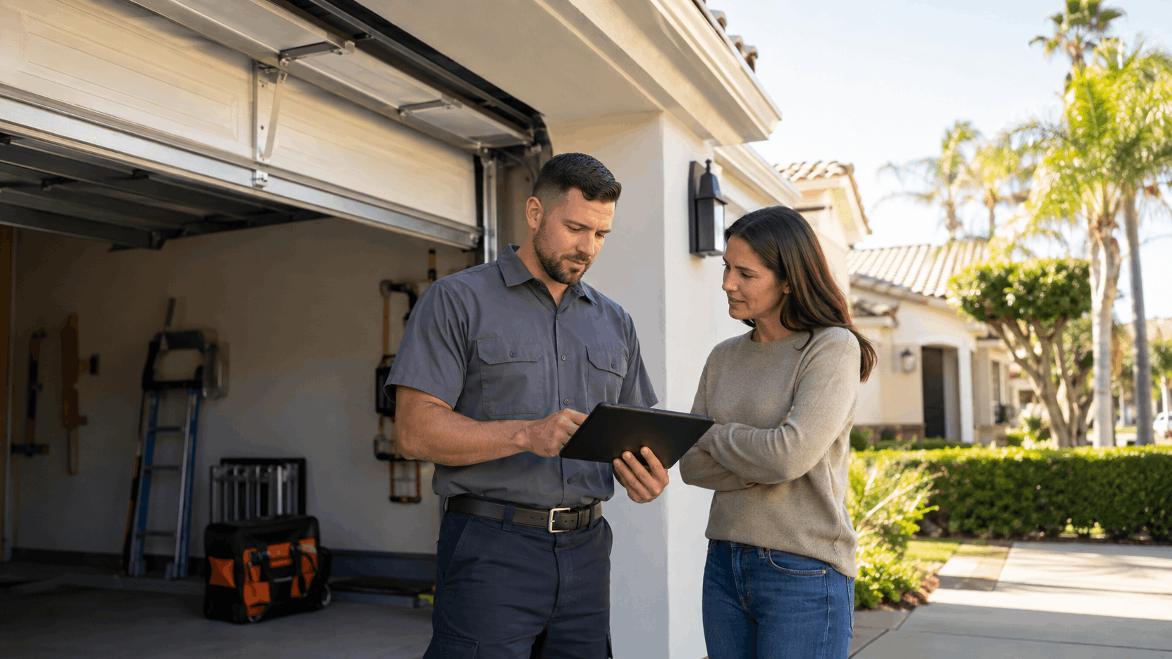 Garage door technician showing homeowner repair estimate on tablet in Irvine driveway
