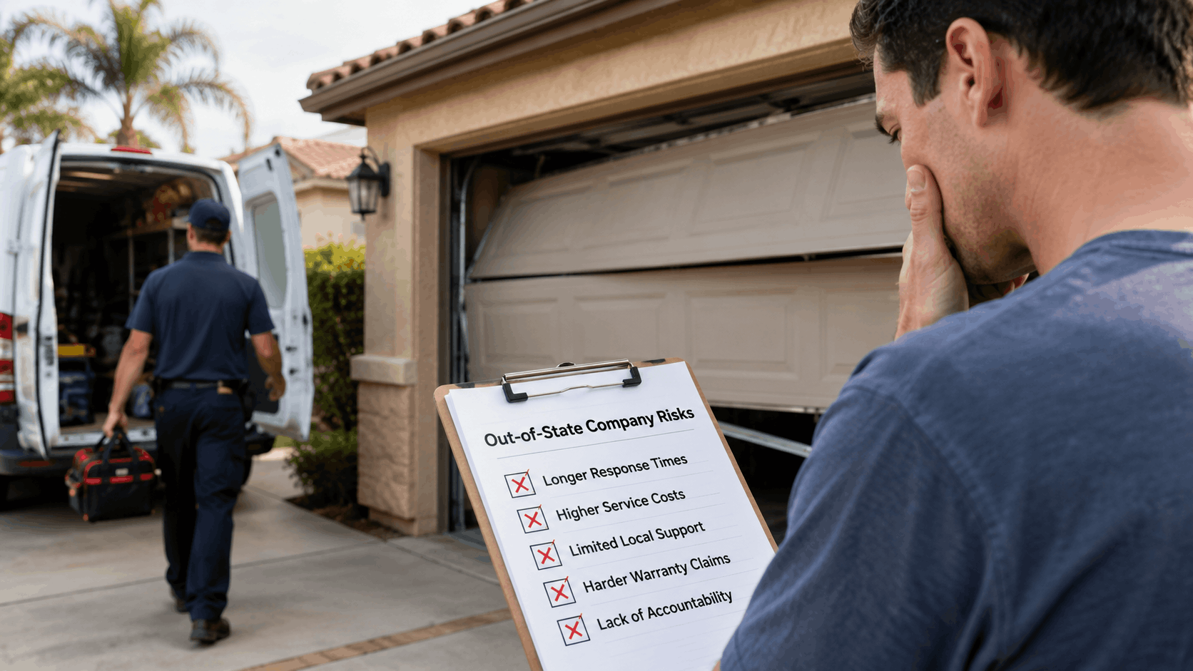 Homeowner reviewing out-of-state company risks clipboard beside broken Irvine garage door