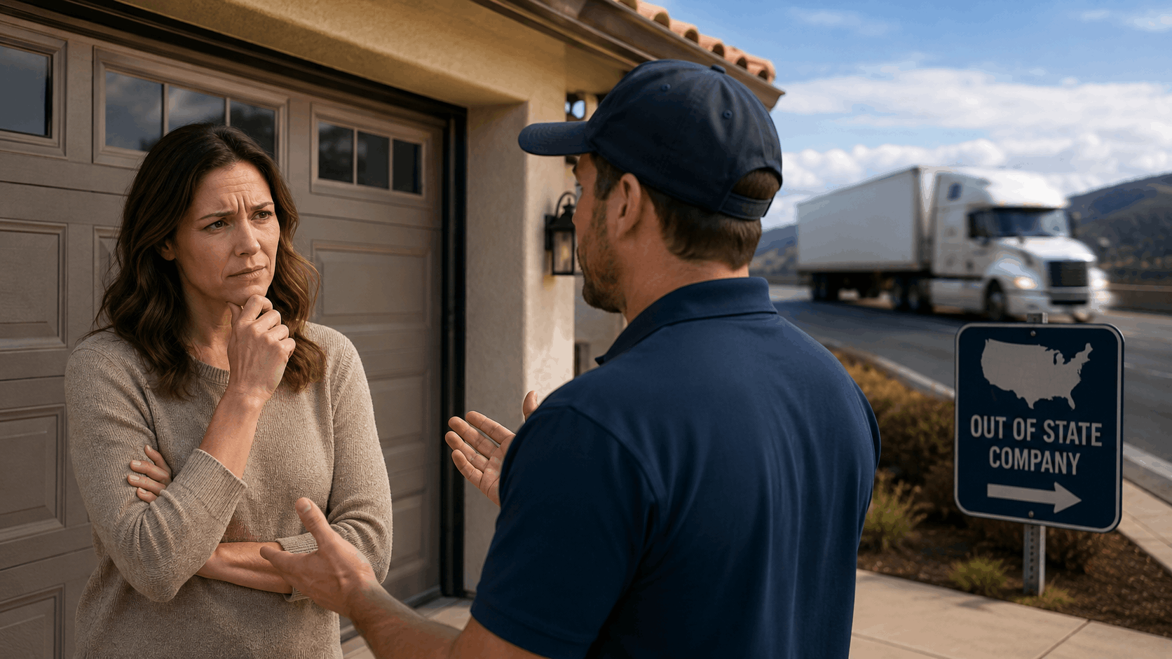 Skeptical homeowner questioning out-of-state garage door company representative at driveway